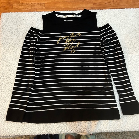Karl Lagerfeld stripped top with open shoulders and gold logo size SP - Picture 1 of 6